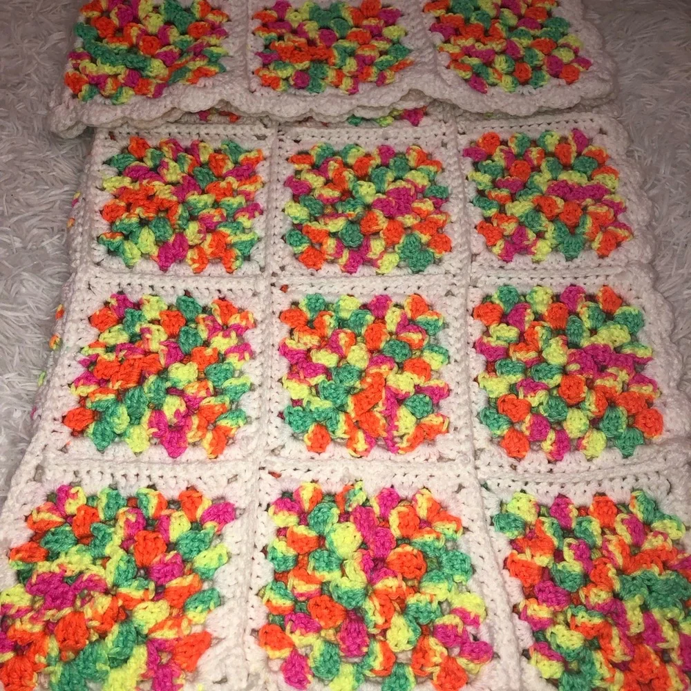 Handmade Crochet Blanket Granny Squares Bright Multi Color Blanket 35” x 34”